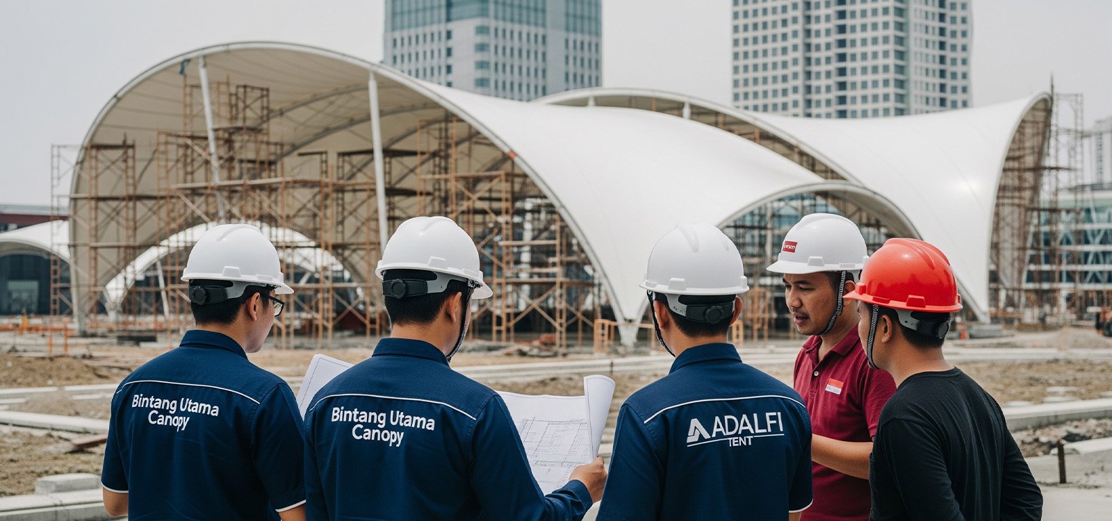 Proses pengerjaan dan perbaikan struktur tenda membran